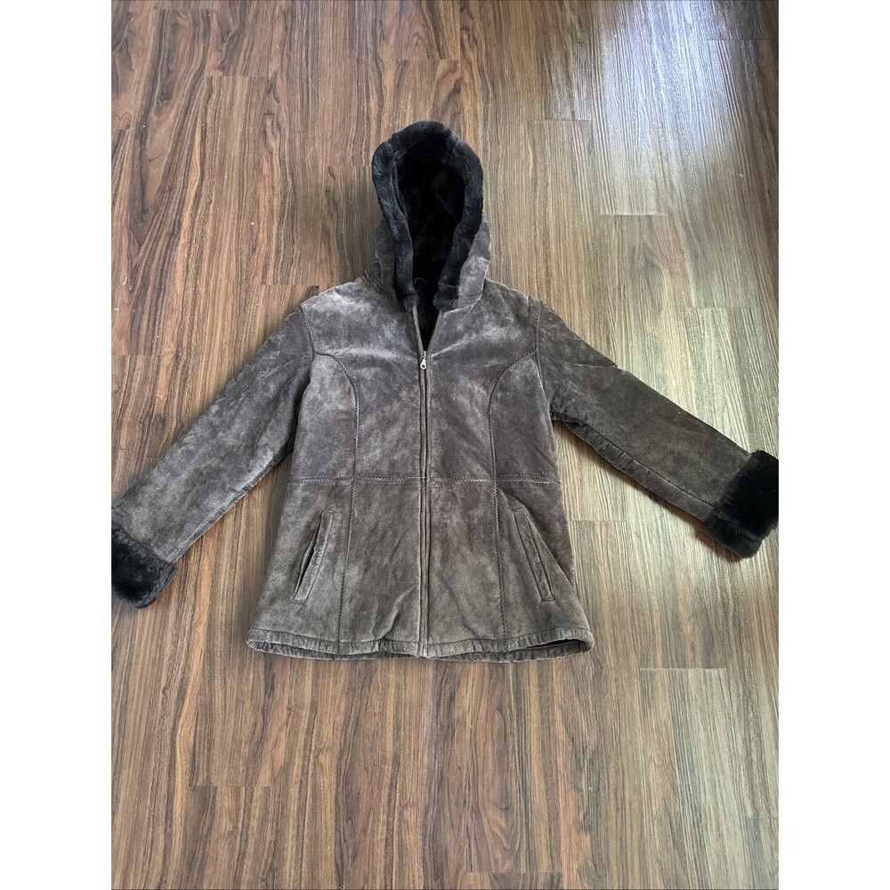 Wilson's Leather Suede Fur Trim Jacket L Brown Hooded Leather Stitching Boho